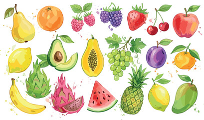 Fresh organic fruit and berry collection in a watercolor vector style featuring apple strawberry avocado pineapple orange lemon dragonfruit and watermelon © MstJasmin