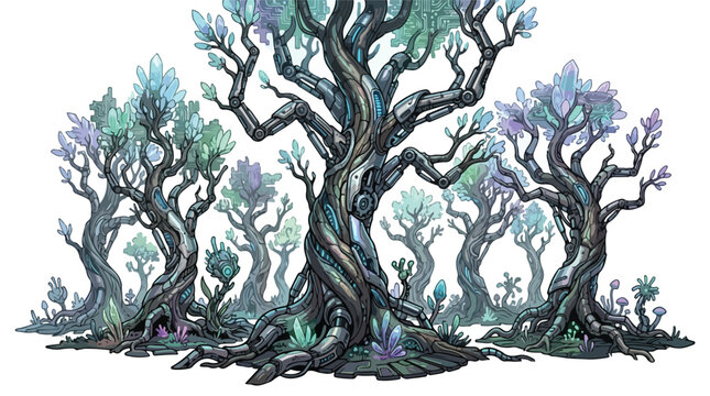 Fantasy crystal forest with glowing magical trees, mystical enchanted woodland landscape, ethereal alien flora vector illustration for game environment
