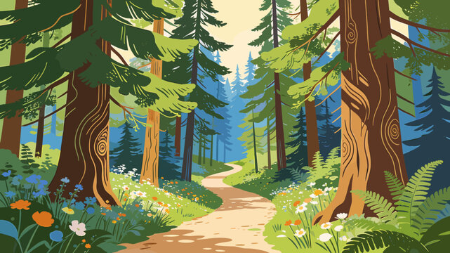 A winding dirt path through a sun-dappled forest with tall evergreen trees and wildflowers.