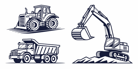 Line art illustrations of heavy industry machinery featuring a tracked excavator digging earth industrial dump truck and agricultural tractor for construction and farming use construction machinery © Hemal