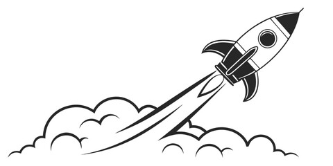 Retro rocket ship launching with smoke trails and clouds black and white blast off white background spacecraft illustration movement exploration business progress isolated minimalist © Hemal