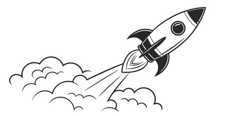Cartoon rocket ship ascending with smoke and clouds simple line art blast off black and white background spacecraft illustration movement exploration business progress isolated © Hemal