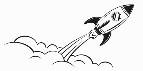 Stylized rocket ascending rapidly amidst stylized clouds monochrome blast off black and white background spacecraft illustration movement exploration business progress isolated © Hemal