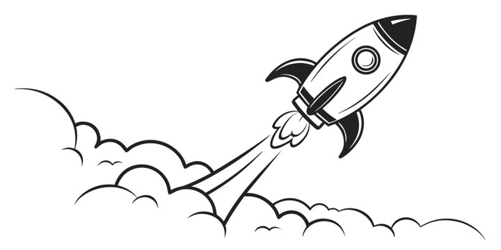 Retro rocket ship blasting off through clouds retro style blast off black and white background spacecraft illustration movement exploration business progress isolated minimalist