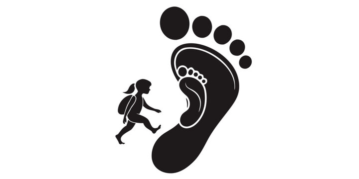 Child walking into large footprint graphic with black and white generation gap child care next generation size difference footprint silhouette development generation beginning minimalist