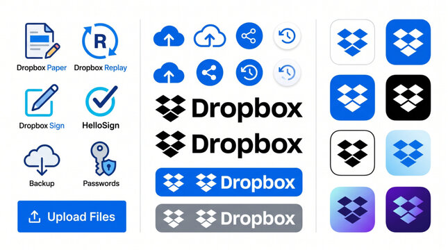Dropbox icon set containing cloud storage logo, file sharing, paper, replay, sign, backup and password editable line icons vector illustration for software brand identity and mobile app UI design.