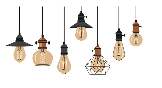Selection of seven vintage edison light bulbs with different filament patterns and bulb shapes hanging from black cords.
