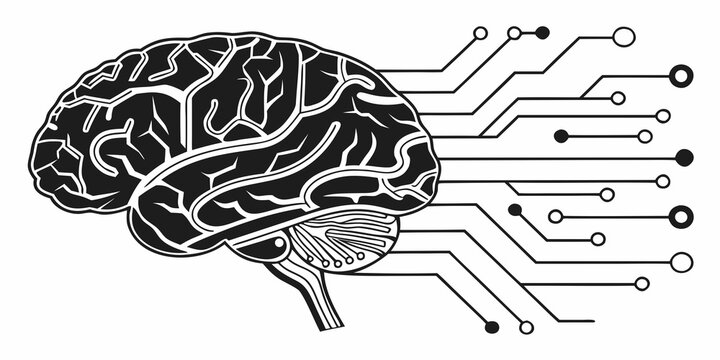 Human brain with circuit board pathways extending representing artificial intelligence machine learning advanced digital thought processing. black and white vector graphic big data technology