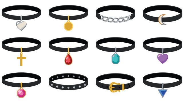 A collection of gothic choker necklaces with various pendants and designs.