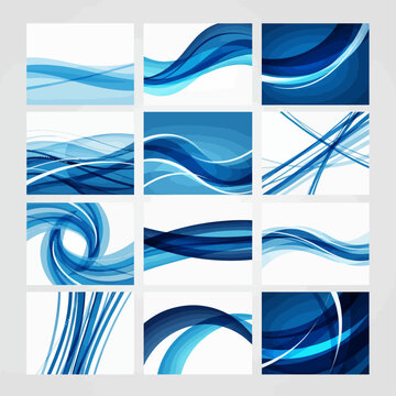 A collection of 12 abstract blue wave designs are arranged in a 3x4 grid on a white background.