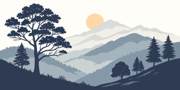 Stylized mountain vista with trees and a rising sun flat design mountain landscape silhouette evergreen minimalist illustration peaceful tranquil contrast background environment ethereal