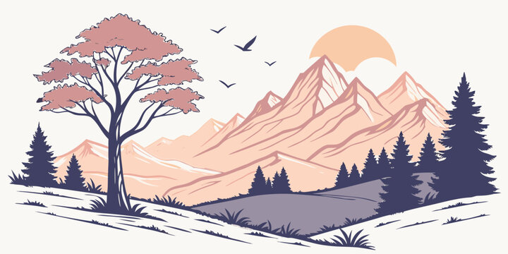 Stylized mountain landscape with a large tree in the foreground and birds flying landscape mountains background illustration outdoors wildlife adventure environment silhouette peaceful