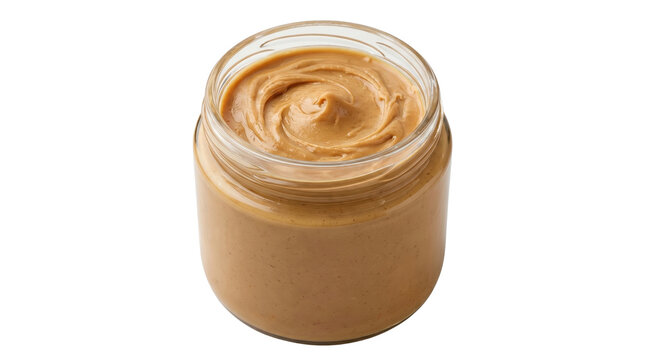 Creamy smooth peanut butter in open glass jar with swirl texture isolated on transparent background cutout.
