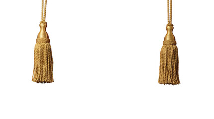 Luxury golden silk curtain tassels with braided ropes isolated on transparent background for interior ornament. © Png ProTeam