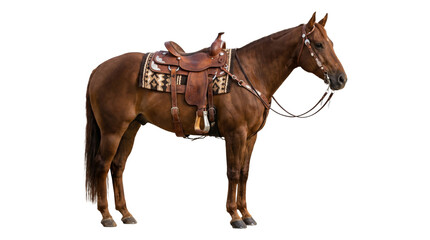 Naklejka premium Stately brown quarter horse standing in full profile view with western saddle and bridle on png background.