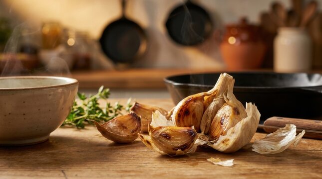 Roasted garlic cloves with caramelized skins and rising steam on a wooden kitchen table featuring a cast iron skillet, fresh thyme sprigs, and a ceramic bowl in a rustic setting.