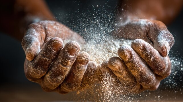 Person gently sifting fine white powder between dark, textured hands indoors