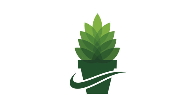 Green stylized cannabis plant in modern pot illustration.