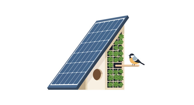 Solar powered eco friendly birdhouse with small bird perched.