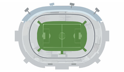 Top down view of an oval sports stadium with a green football field and stands illustration © MdSabbir