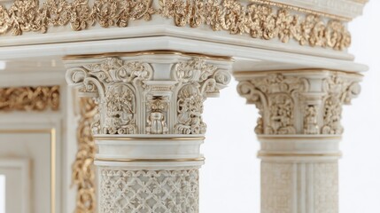 Obraz premium Ornate architectural columns feature elaborate white stone carving accented with rich gold detailing