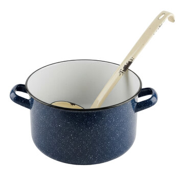 Vintage blue speckled enamel soup pot with ladle over transparent background