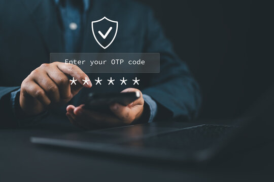 Two-factor authentication and online security concept with person typing on laptop and OTP code input, representing secure login, identity verification, MFA, and cybersecurity protection.