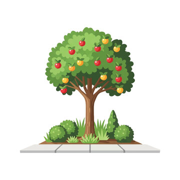 A layered fruit tree guild featuring a central tree, shrubs, and groundcover on a pedestrian sidewalk, minimalist flat vector artwork, clipart style, absolute solid block colors, extremely sharp