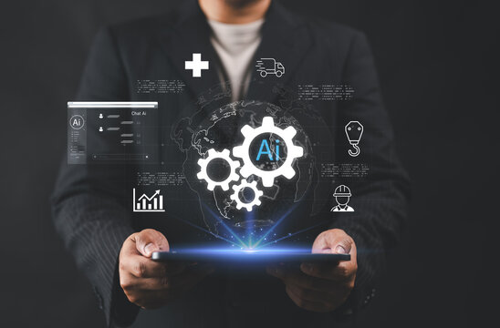 AI technology with data applications in industry, healthcare, finance, logistics, and automation, representing artificial intelligence in medical systems, investment platforms, and smart operations.