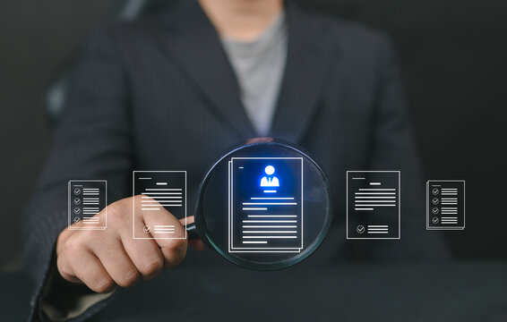 Digital hiring and HR recruitment concept with man holding magnifying glass over resume and people icons, representing job candidate search, employee selection, and talent acquisition.