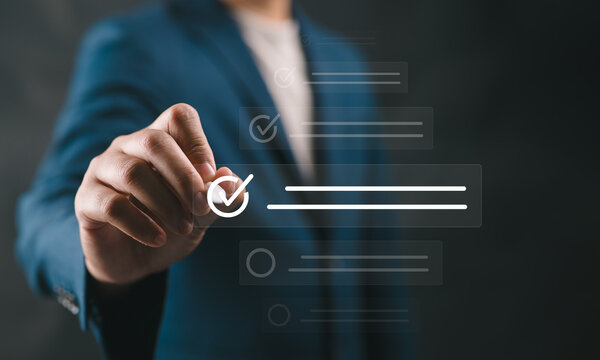 Person selecting virtual digital checklist, representing online assessment, exams, quizzes, surveys, feedback forms, data collection, evaluation, and decision-making processes.