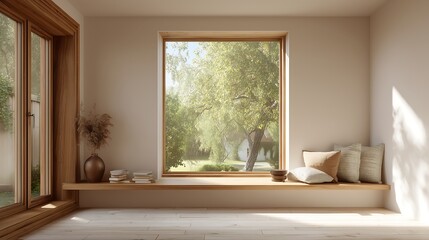 Fototapeta premium Modern wooden window in minimalist interior with neutral tones, Scandinavian home design concept with clean natural lighting and cozy atmosphere.
