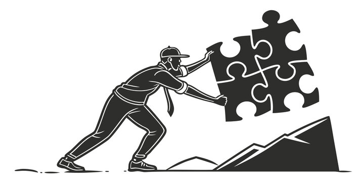 Man in cap pushing stack of four jigsaw puzzle pieces uphill to final position with business achievement challenge progress strategy solution motivation determination development illustration