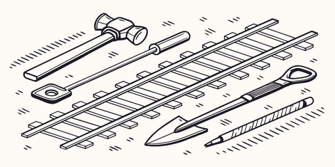 Railway track maintenance tools collection with shovel hammer and screwdriver maintenance screwdriver railroad infrastructure construction transport engineering equipment industry technical © Mithila