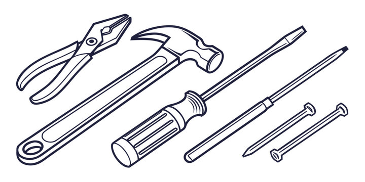 Set of manual hand tools including pliers hammer and screwdriver with metal nails do it yourself screwdriver construction hardware carpentry maintenance workshop equipment renovation