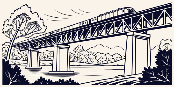 Modern train crossing a metal truss bridge over a river with transportation locomotive engineering infrastructure landscape railroad traveling movement construction illustration monochrome
