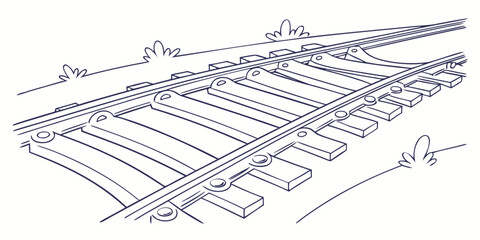 Railroad track switch section with sleepers and metal rails line art railroad transportation infrastructure junction transport metallic perspective illustration minimalist monochrome © Mithila