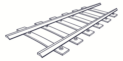 Simple straight railroad track segment with sleepers and metal rails line drawing railroad transportation infrastructure transport metallic perspective illustration minimalist monochrome © Mithila