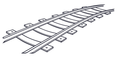 Curved railroad track section showing metal rails and sleepers line art with railroad transportation infrastructure transport metallic perspective illustration minimalist monochrome creative © Mithila
