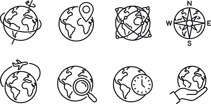 Vector illustrations of various globe icons and navigation symbols