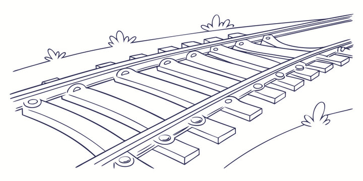 Railroad track switch section with sleepers and metal rails line art railroad transportation infrastructure junction transport metallic perspective illustration minimalist monochrome