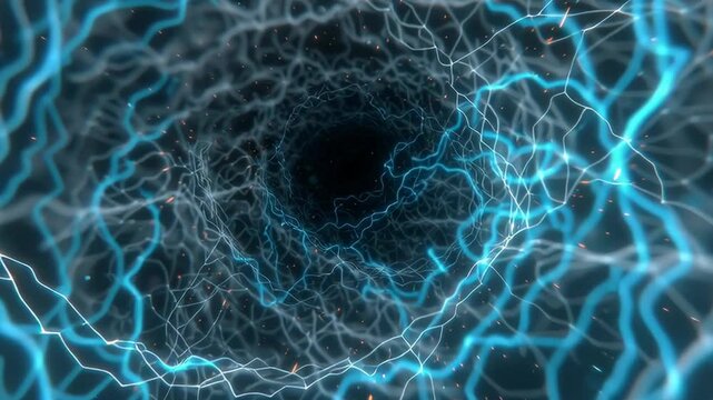 Blue energy pulses around a dark cosmic void. Electric arcs streak through swirling plasma. Fragments of light explode outward from the center. Tunnel spirals inward, drawing viewers deeper