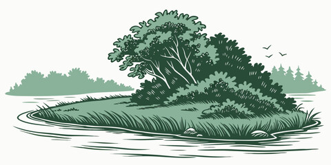 Green illustration of a lush riverbank island with dense vegetation and birds landscape vegetation illustration environment peaceful wilderness shrubbery tranquil wildlife waterway serenity © Mithila