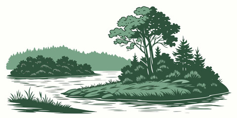 Graphic illustration of a serene forest riverbank landscape with lush green trees and calm water landscape illustration wilderness peaceful riverbank environment vegetation botanical serenity © Mithila