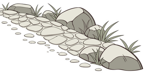 Stones and pebble path illustration with decorative grass accents and large boulder landscape element landscape illustration landscaping botanical greenery composition backyard decorative © Mithila