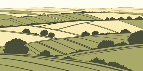 Graphic illustration of rolling hills and agricultural fields landscape with landscape countryside farmland agriculture grassland cultivation environment illustration stylized rurality © Mithila