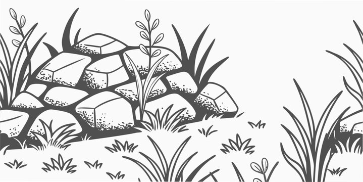 Black and white line art drawing of a rock formation with blades of grass in a garden setting illustration monochrome botanical landscape outdoors landscaping backyard ornamental minimalist