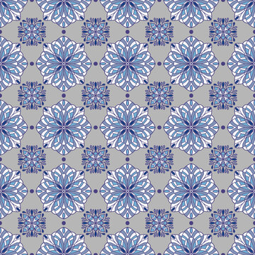 Seamless simple geometry pattern with blue flowers in greek, arabic, mosaic element background