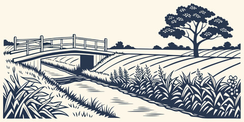 Graphic illustration of a wooden bridge crossing a stream in a scenic rural meadow with countryside landscape illustration engraving peaceful tranquil vegetation woodland farmland crossing © Mithila