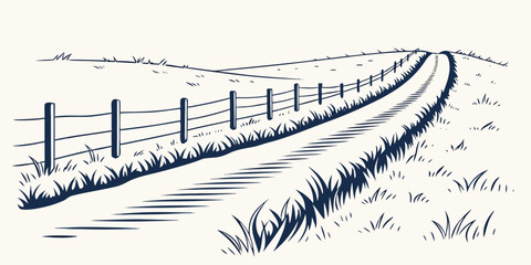 Minimalist graphic illustration of a dirt road leading through a grassy field with a wooden fence countryside landscape illustration engraving peaceful tranquil vegetation farmland monochrome © Mithila